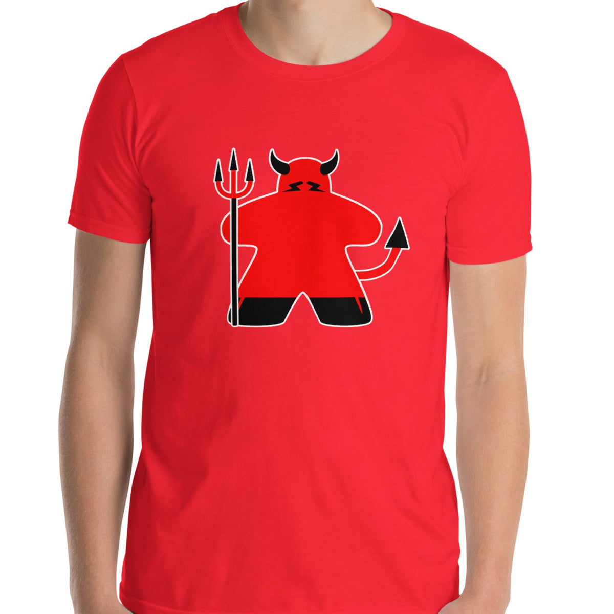 red t-shirt with our meeple devil design on it for halloween