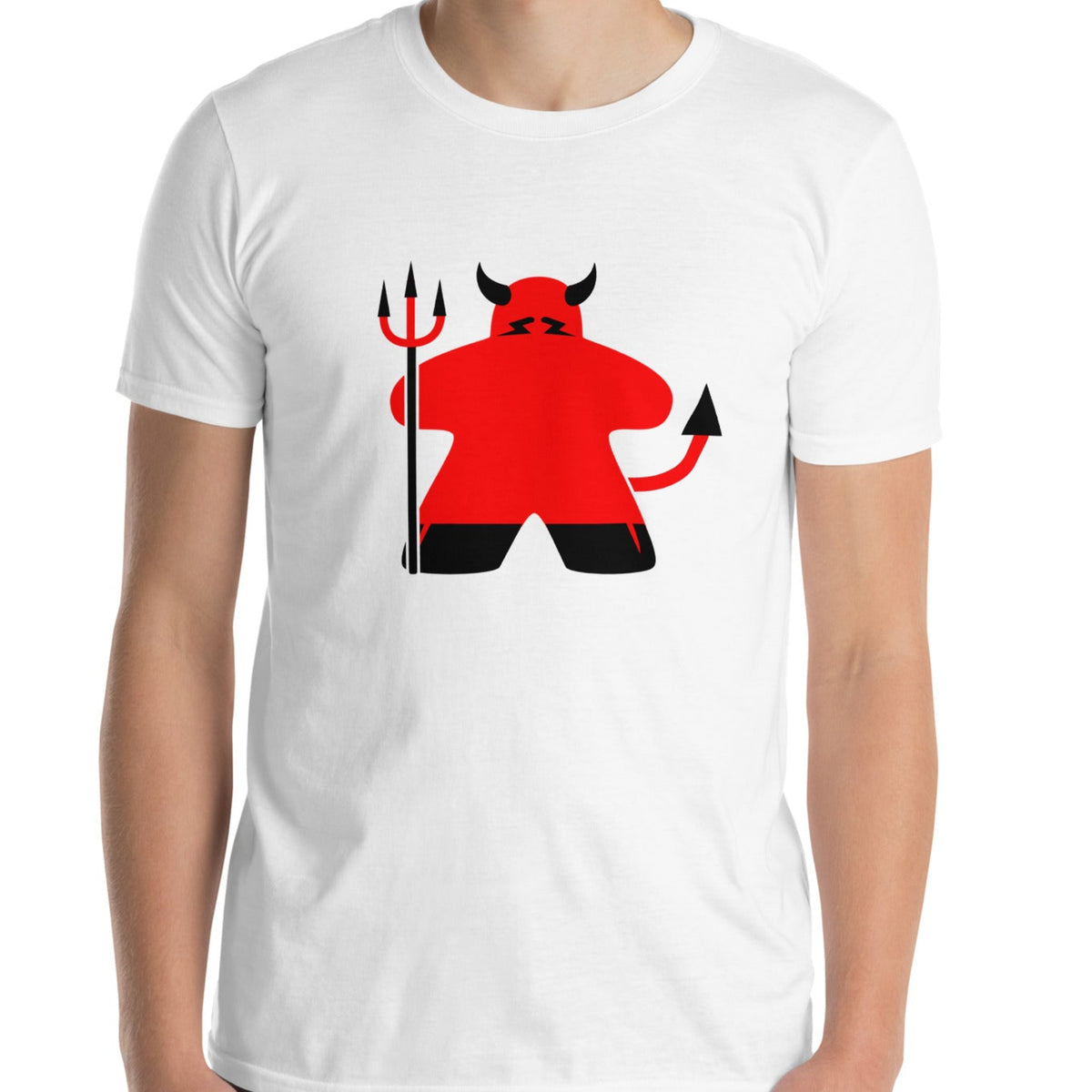 white t-shirt with our meeple devil design on it for halloween