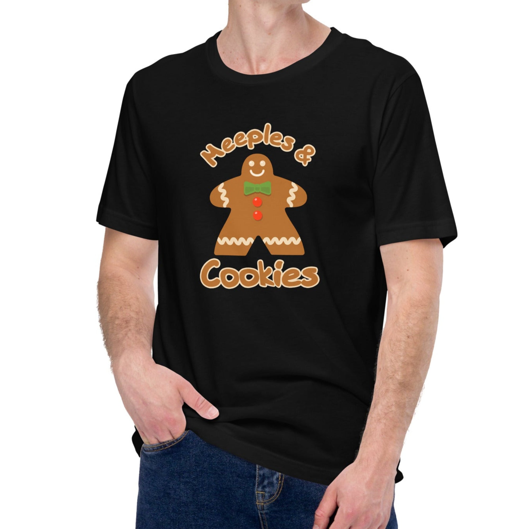Model wearing a black t-shirt with our Meeples and Cookies Christmas design on it.