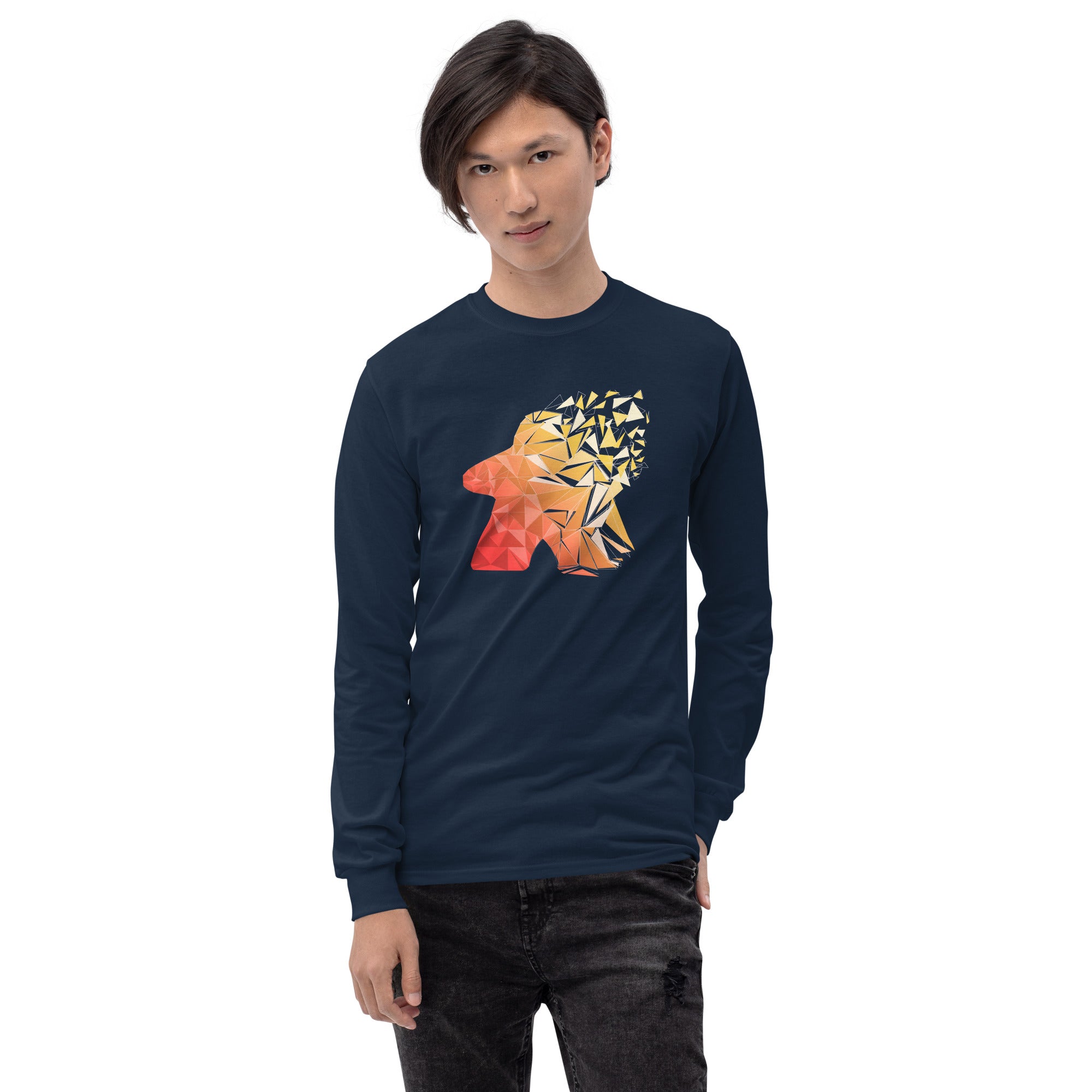 Model wearing long sleeve navy t-shirt with warm fragmented meeple design