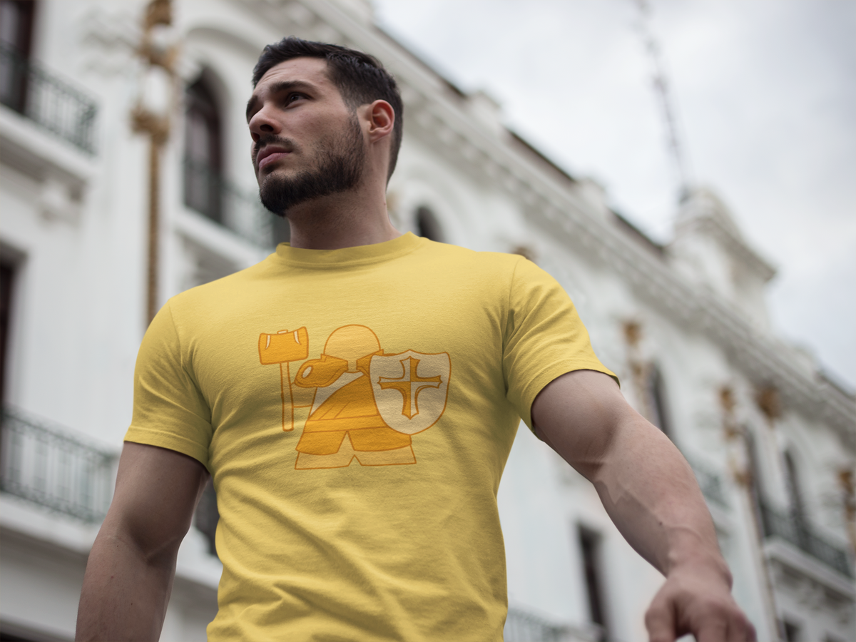 Strong Man walking through city with our D&D Paladin Meeple T-Shirt
