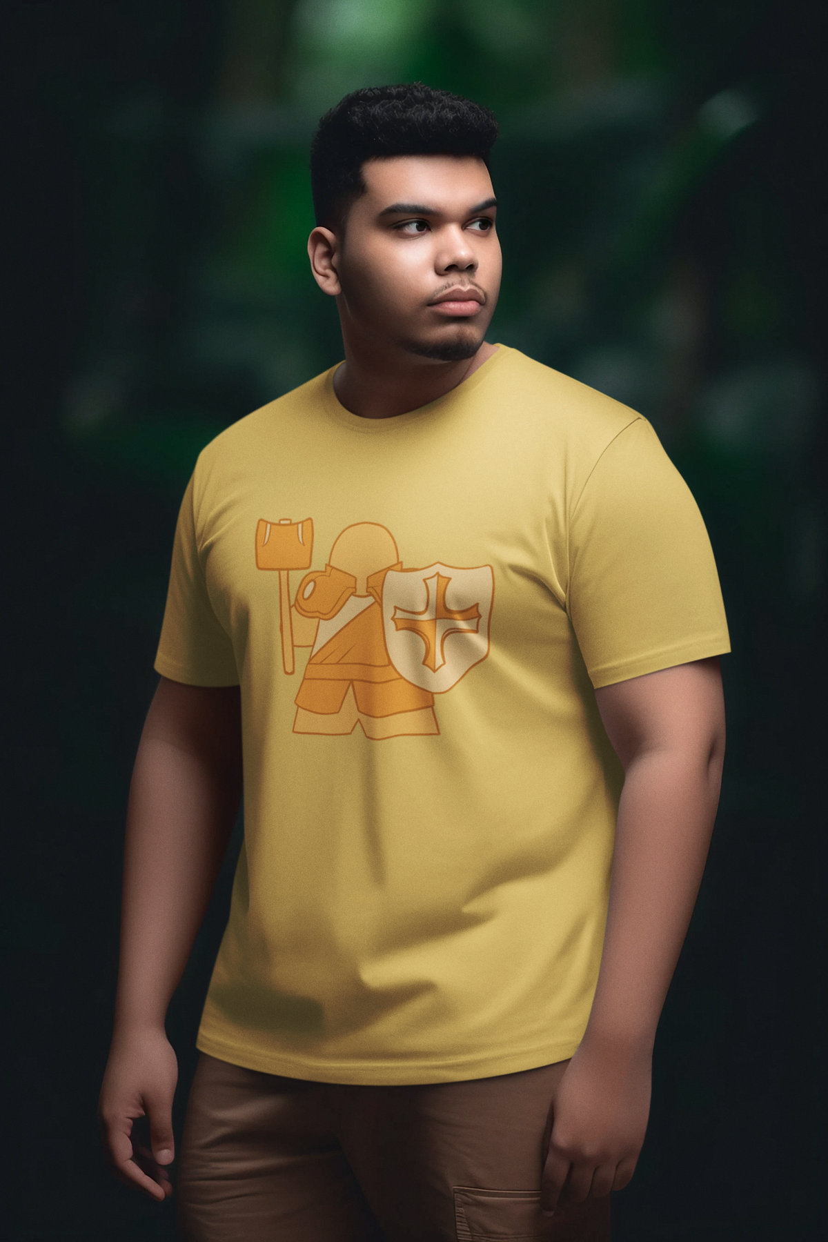 Man standing against dark background wearing our D&D Paladin Meeple T-Shirt
