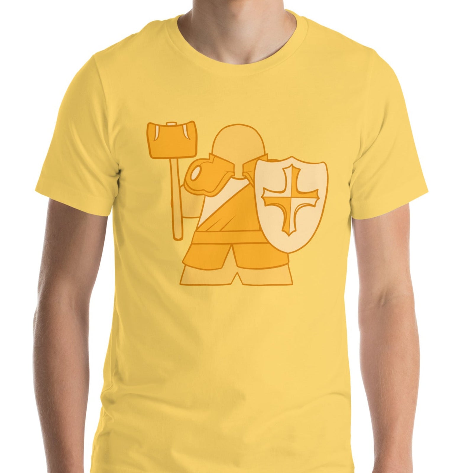 Model wearing yellow shirt with our Paladin Meeple design printed on it.