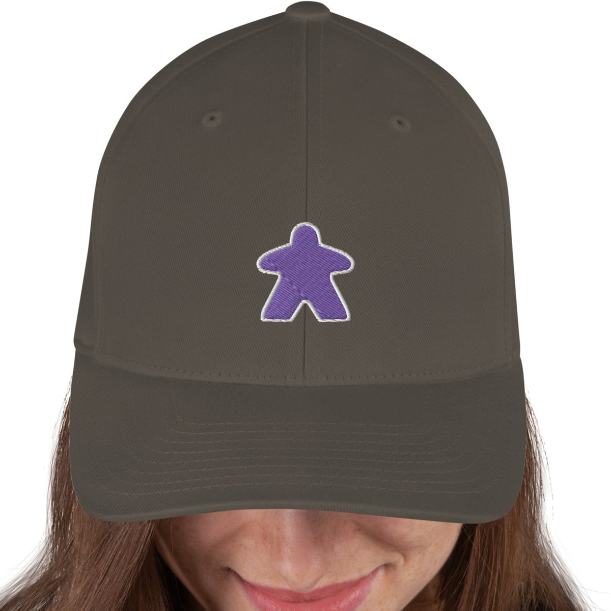 Purple meeple design embroidered on a grey flexfit baseball cap