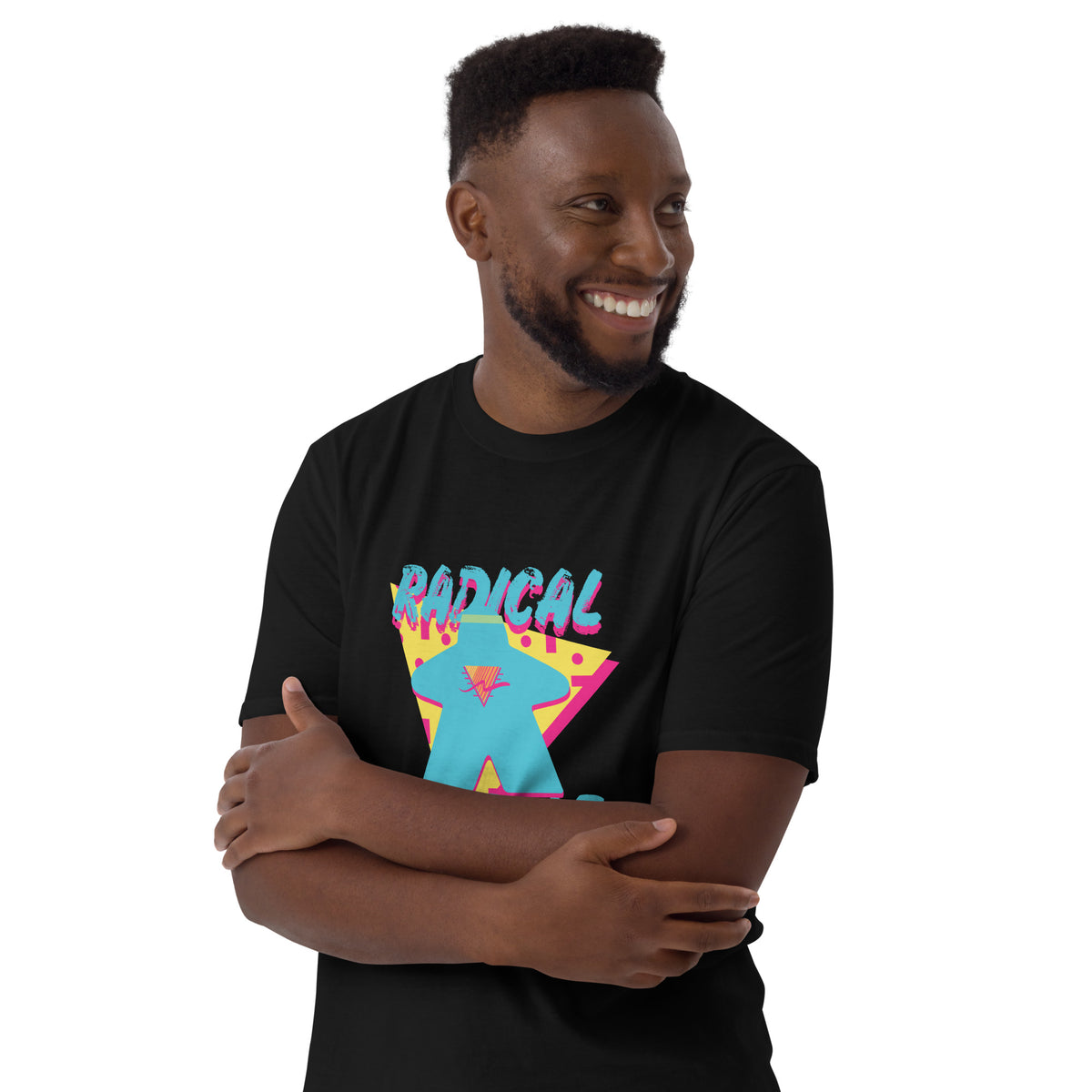 Radical meeple design on a black t-shirt being modeled by a male