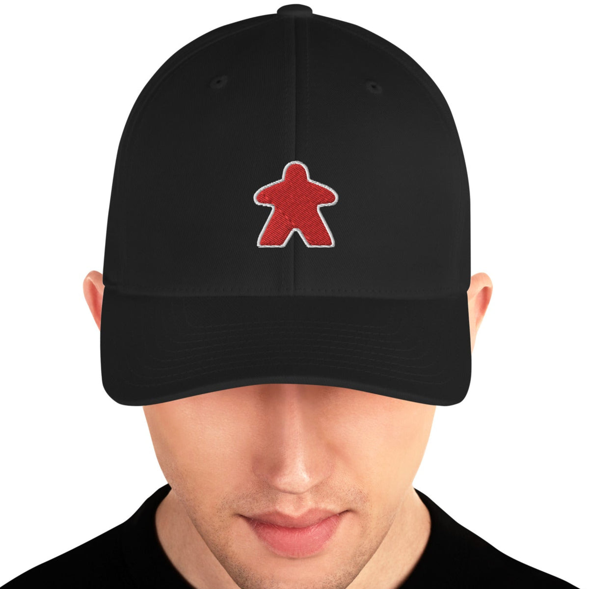 Red Meeple Hat embroidered on a black flexfit baseball cap