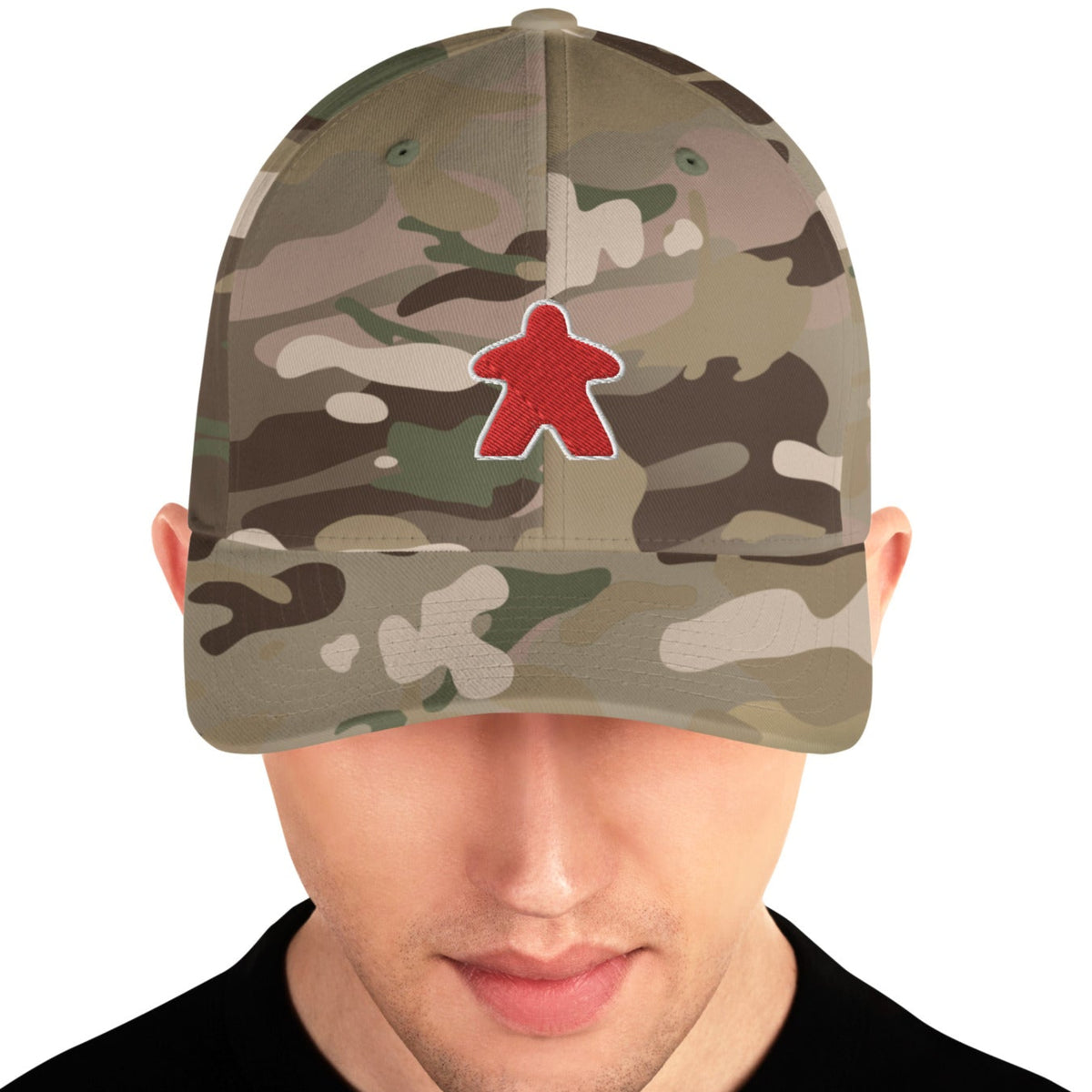 Red meeple design embroidered on a camo design flexfit baseball cap