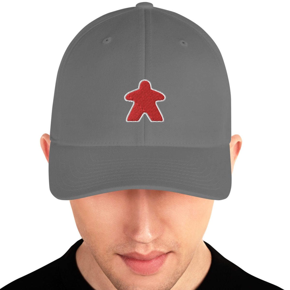 Red meeple design embroidered on a grey flexfit baseball cap