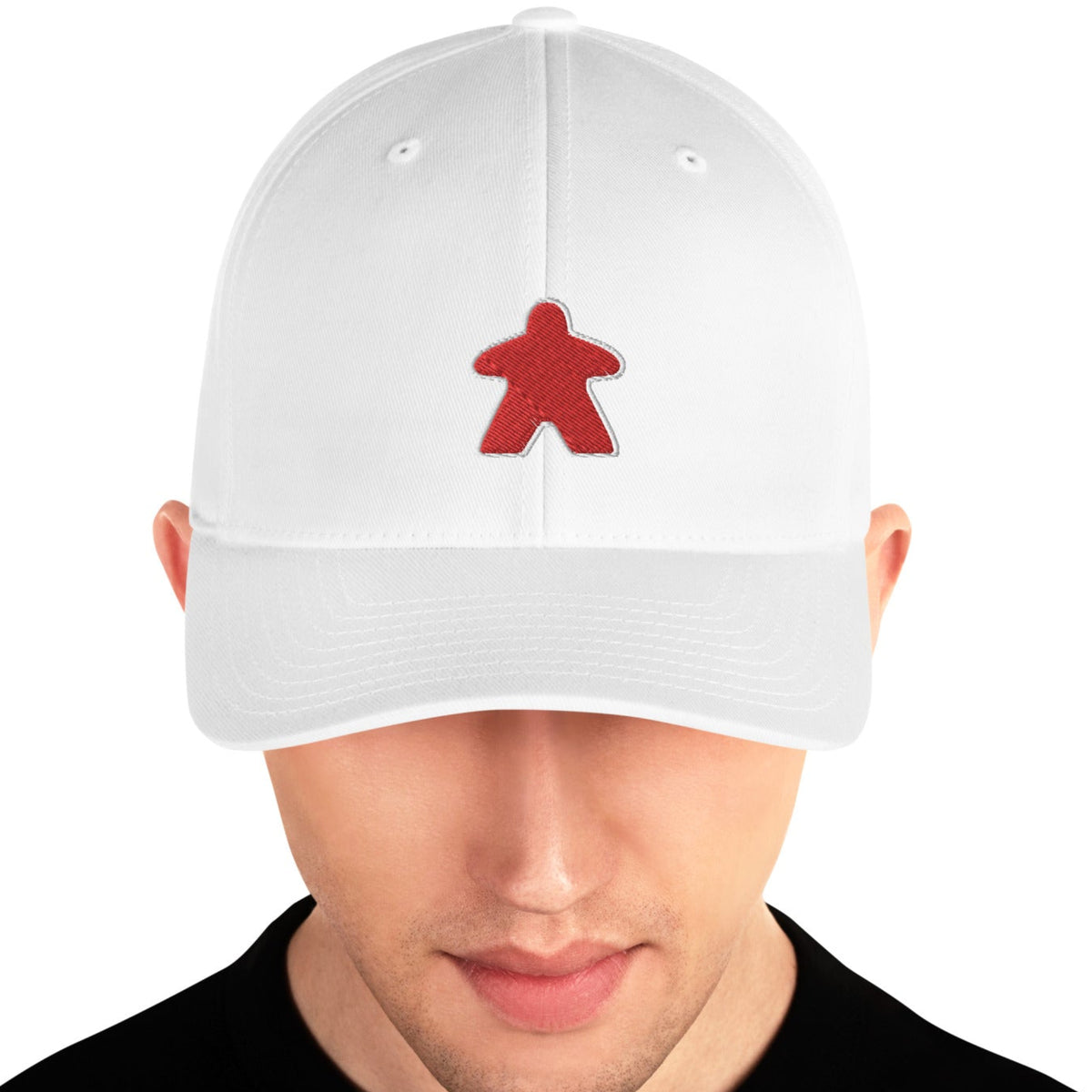 Red Meeple design embroidered on a white flexfit baseball cap