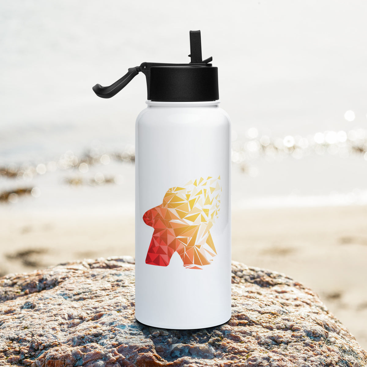 Our warm fragmented meeple design printed on a stainless steel water bottle