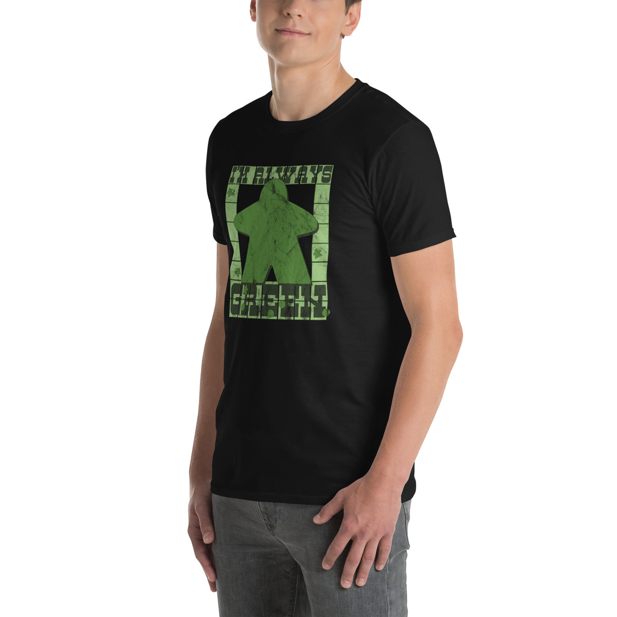 I&#39;m Always Green Meeple Board Game Shirt on a Model different angle