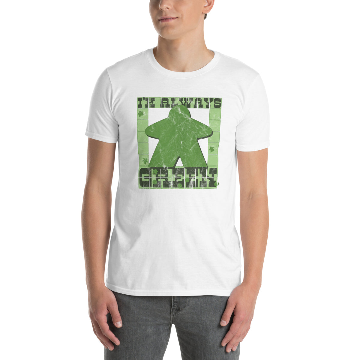 I&#39;m Always Green Meeple Board Game White Shirt on a Model
