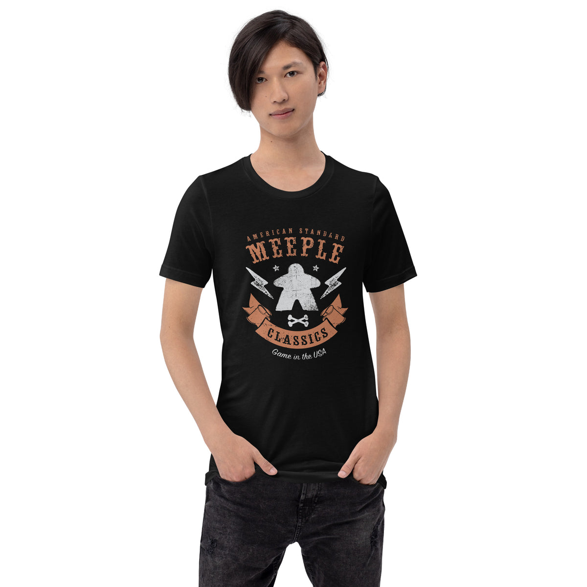 American Meeple Classics design on a black t-shirt worn by a model