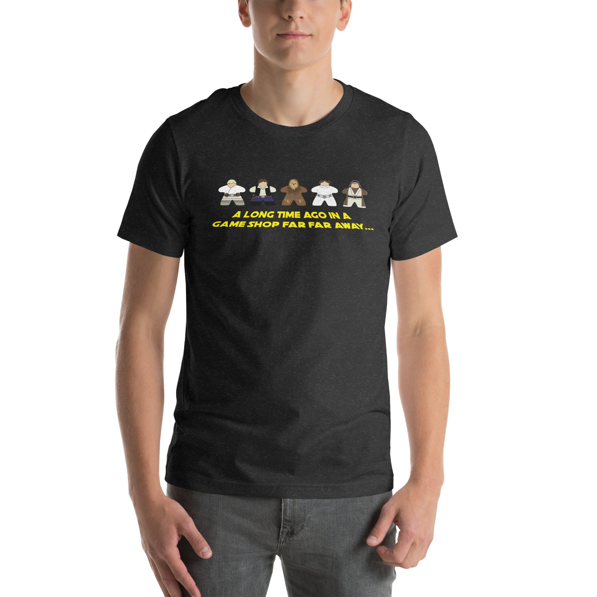 Heather Black T-Shirt with Star Wars Meeples Parody Design on skinny male model
