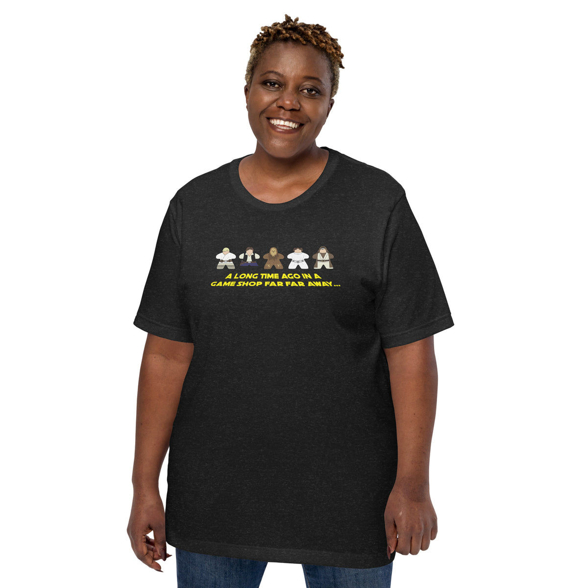 Heather Black T-Shirt with Star Wars Meeples Parody Design worn by a woman