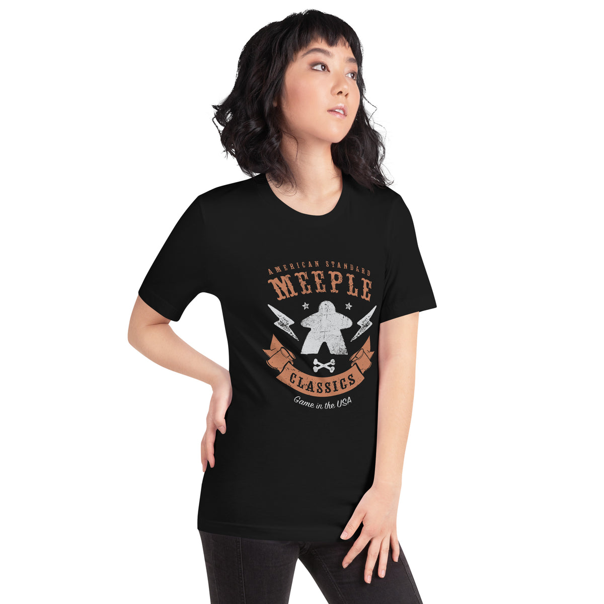 American Meeple Classics design on a black t-shirt worn by a female model