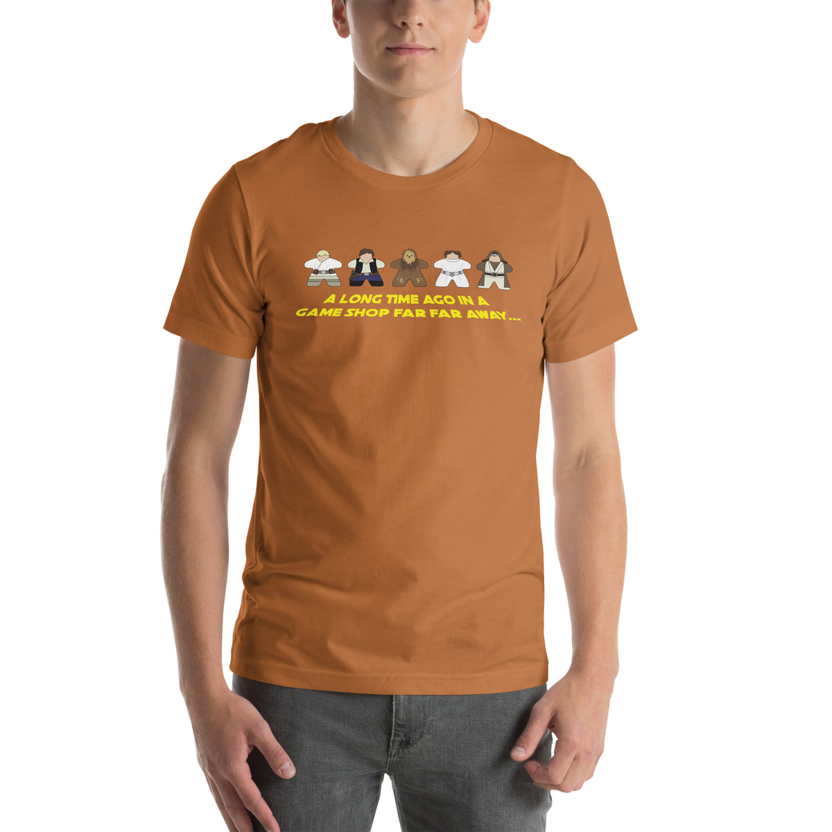 Bronze T-Shirt with Star Wars Meeples Parody Design on model