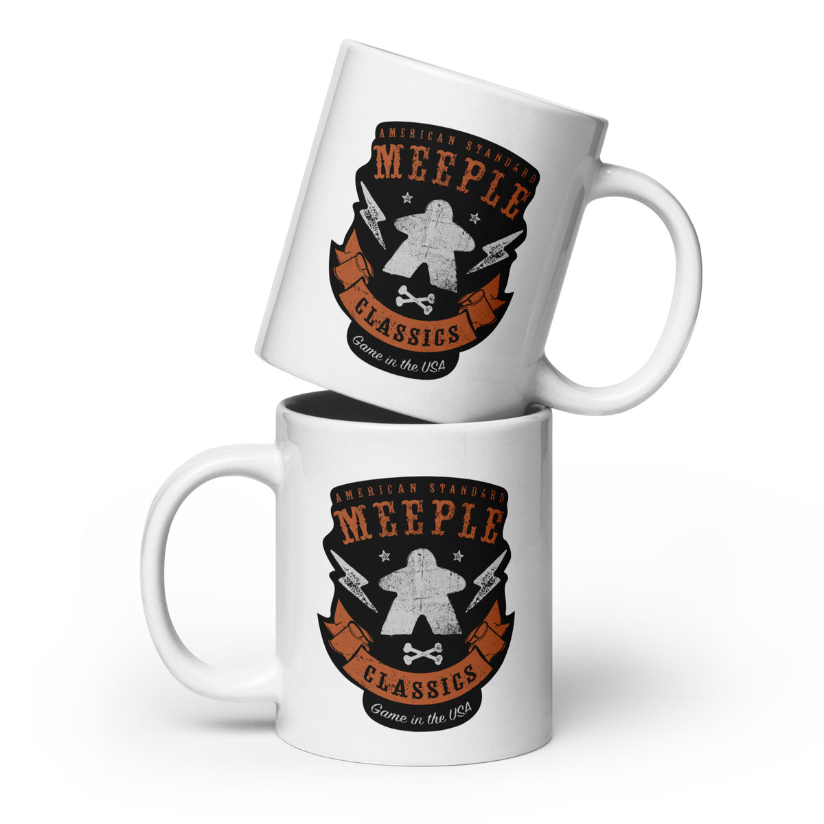 Two stacked mugs with the American meeple classics design on them - Different Angle