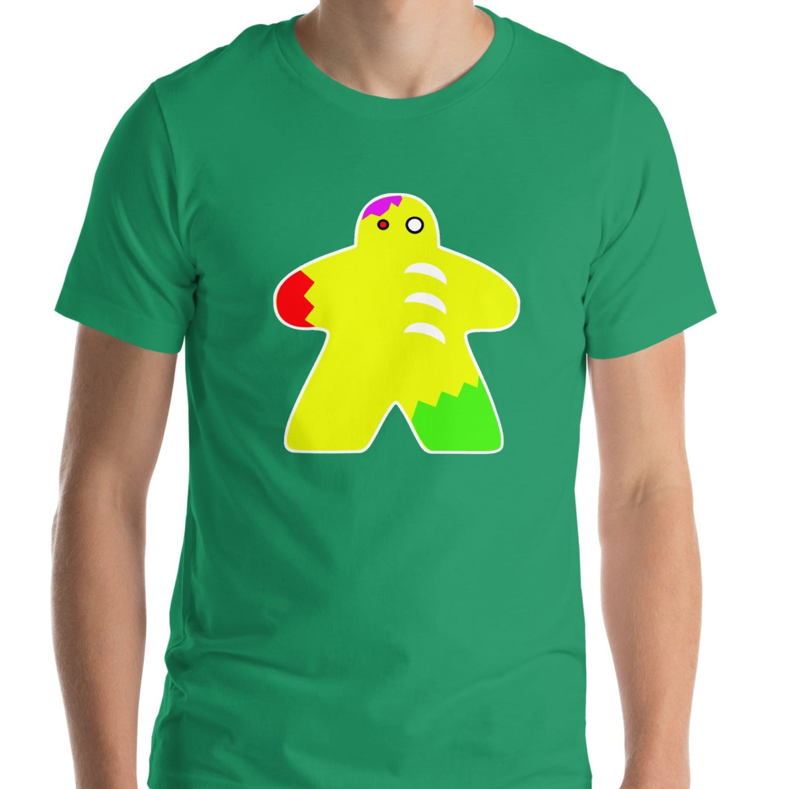 Model wearing green t-shirt with our zombie meeple design on it