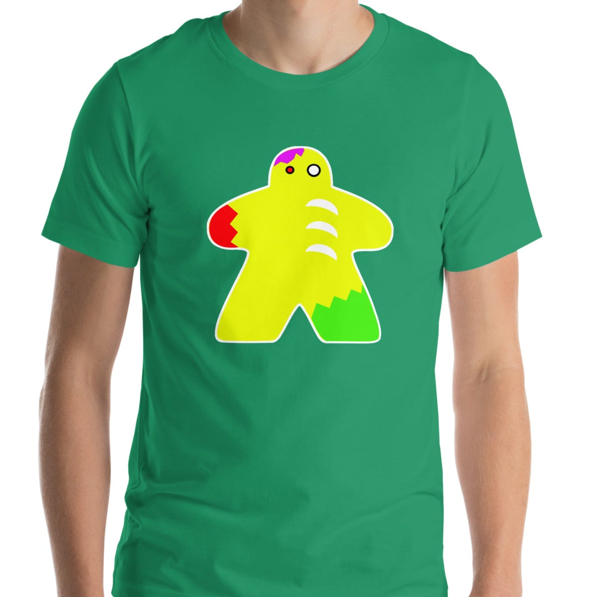 Model wearing green t-shirt with our zombie meeple design on it