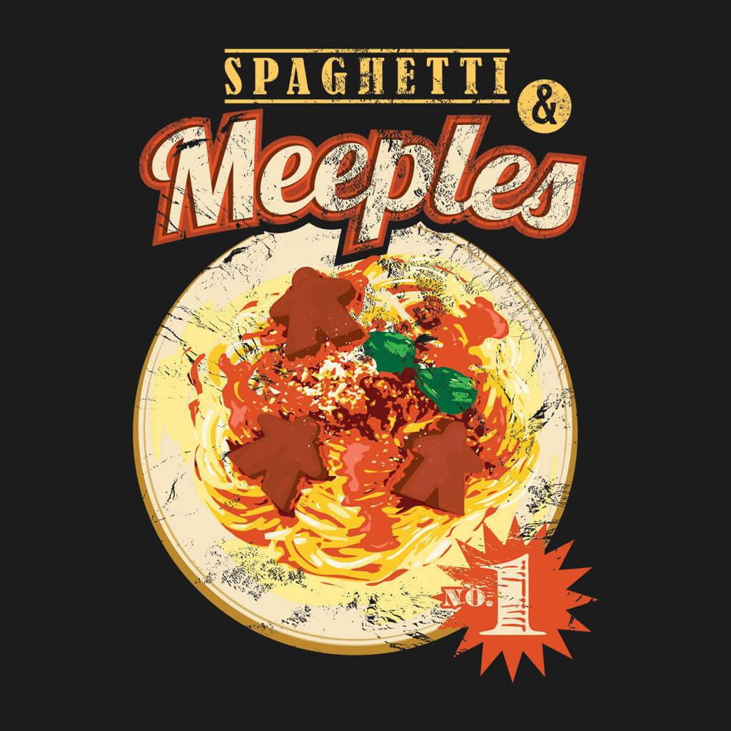 Spaghetti &amp; Meeples Board Game T-Shirt Close Up